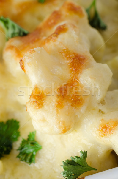 Blumenkohl Käse garnieren Makro gebacken Stock foto © frannyanne