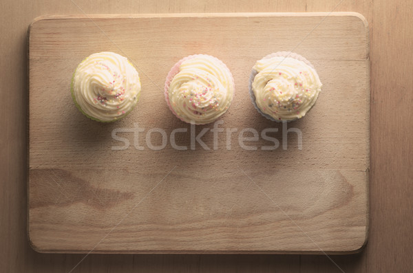 Cupcakes on Wood Overhead Retro Version Stock photo © frannyanne