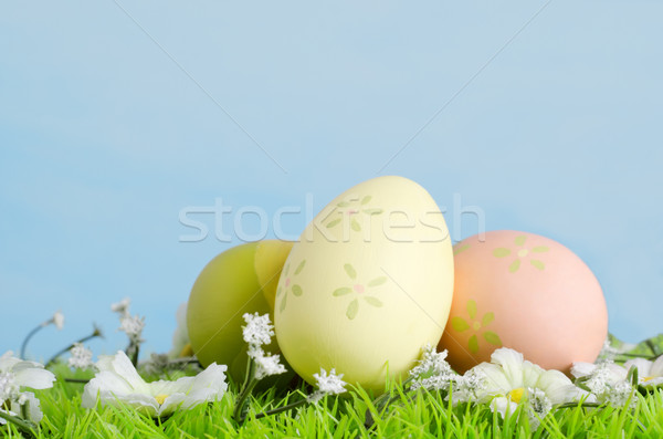 Easter eggs erba fiori uova verniciato erba artificiale Foto d'archivio © frannyanne