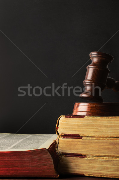Old Books Stacked and Topped with Wooden Gavel - Chalkboard Back Stock photo © frannyanne