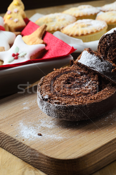 Christmas Buffet with Chocolate Yule Log, Biscuits and Mince Pie Stock photo © frannyanne