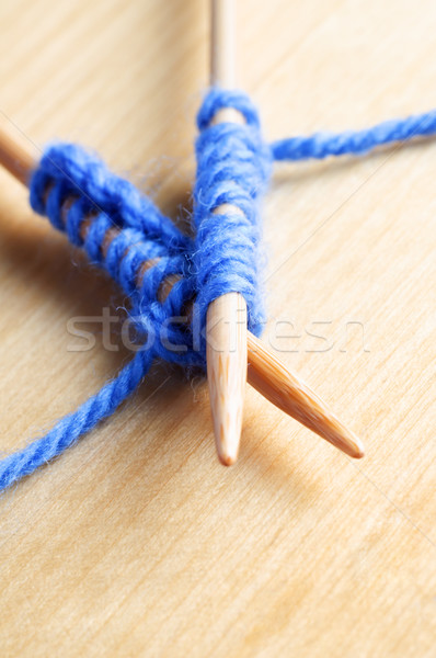 Stock photo: Knitted Stitches on Wooden Needles