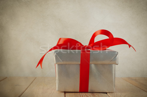 Silver Gift Box with Red Bow - Vintage Stock photo © frannyanne