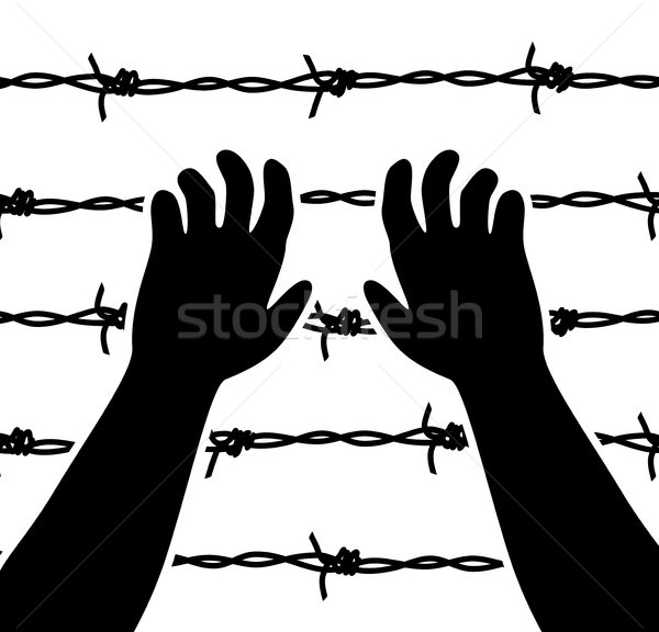 Vektor felemelt kezek szögesdrót börtön határ feketefehér Stock fotó © freesoulproduction