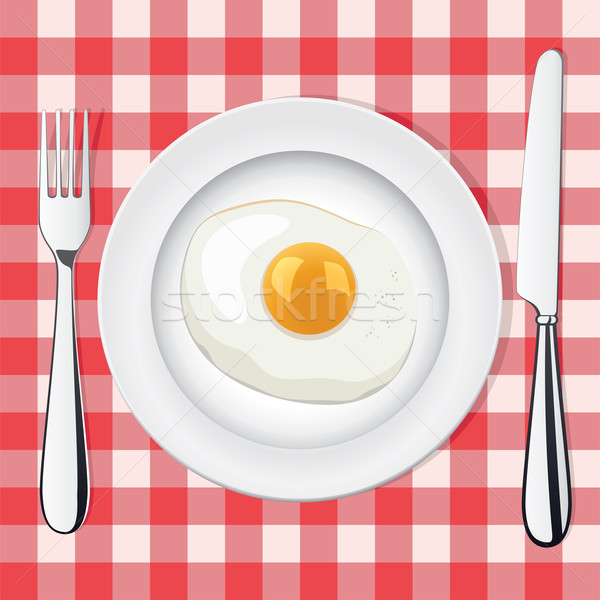 Stock photo: vector fried egg on a plate whith fork and knife 