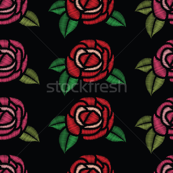 Vetor sem costura bordado padrão rosas vermelho Foto stock © freesoulproduction