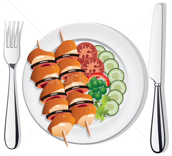 vector grilled chicken, vegetables on the plate, fork and knife Stock photo © freesoulproduction
