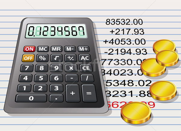 Stock photo: calculator, golden coins and a sheet of paper with calcul