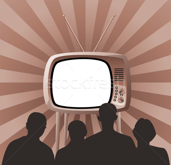 Stock photo: vector family watching retro tv set