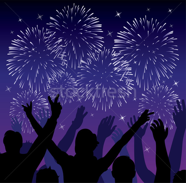 [[stock_photo]]: Vecteur · feux · d'artifice · silhouettes · personnes · gens · heureux · ciel