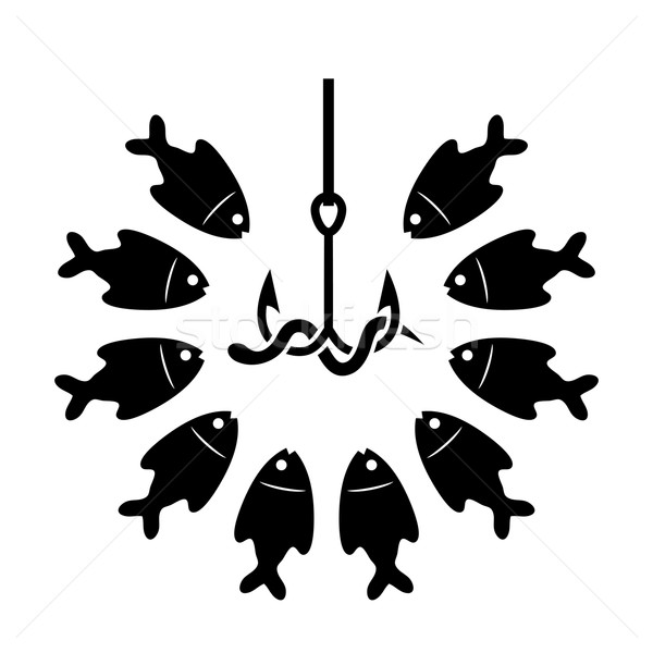 vector black and white fishing icon with hook, bait and hungry f Stock photo © freesoulproduction