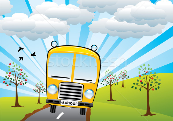 Foto stock: Vetor · ônibus · escolar · nascer · do · sol · escolas · paisagem · maçã