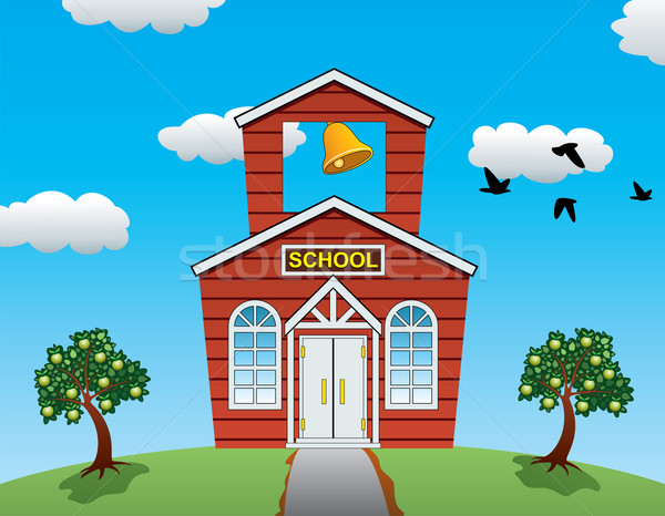 vector country school house, apple trees, clouds and flying bird Stock photo © freesoulproduction