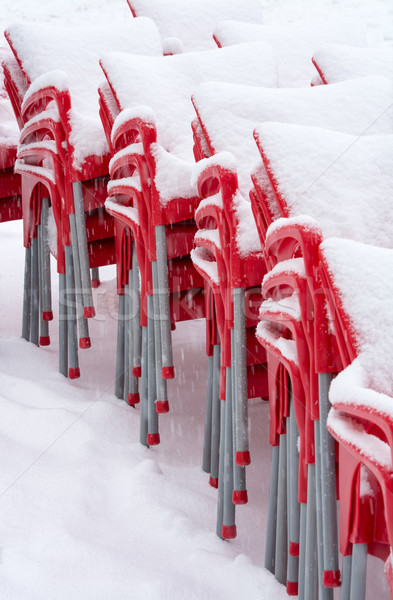 Hó piros székek egymásra pakolva mutat rossz időjárás Stock fotó © Freila
