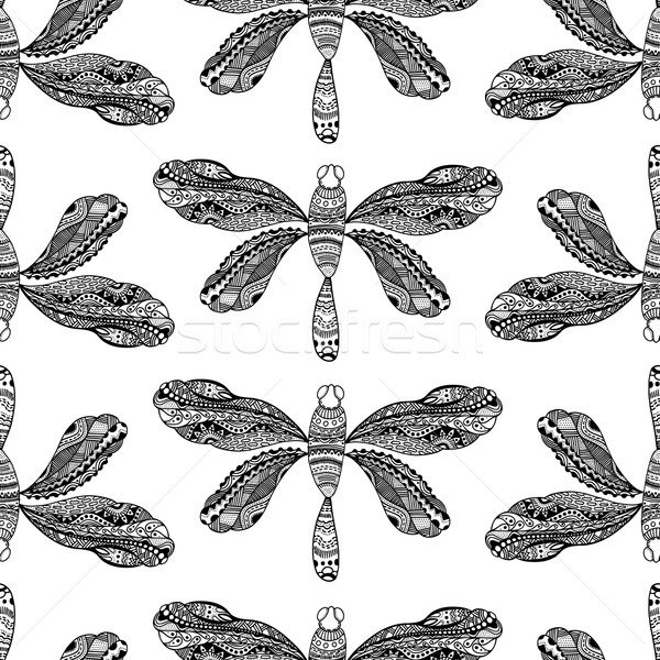 Foto stock: Dibujado · a · mano · libélula · tinta · garabato · insectos