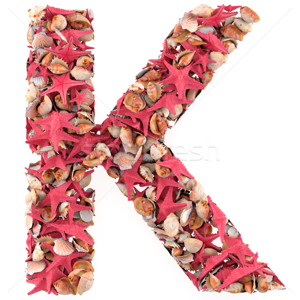Stock photo: K letter from seashells and starfish. Isolated on white background. 3d render