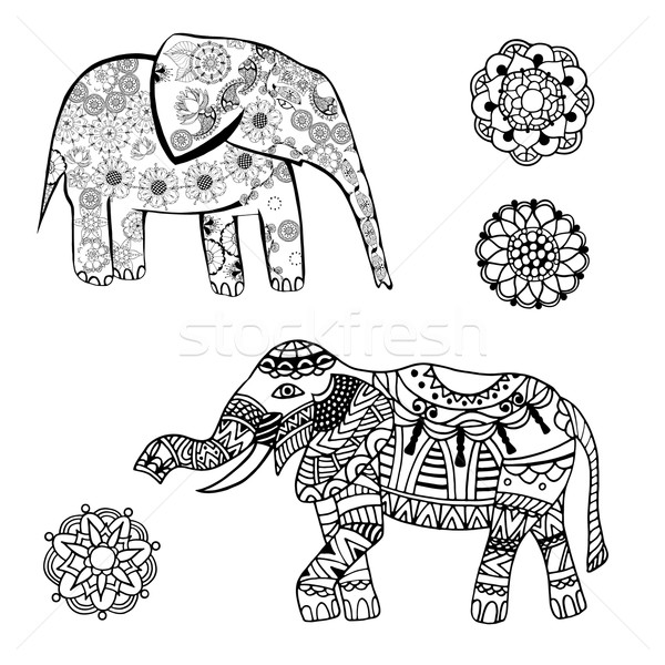 Vector drawing of a elephant with ethnic patterns of India. On the grange background. Image as a tat Stock photo © frescomovie
