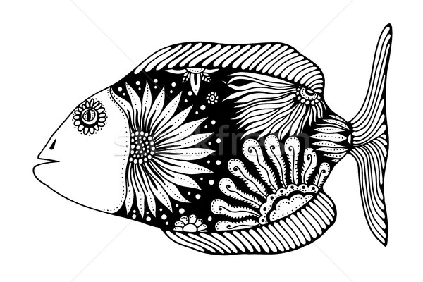 Foto d'archivio: Vettore · pesce · floreale · elementi · bianco · nero