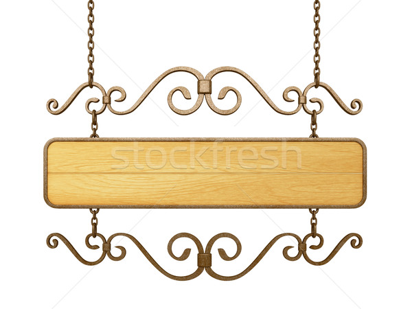 Stock foto: Holzschild · alten · Ketten · isoliert · weiß · Wand