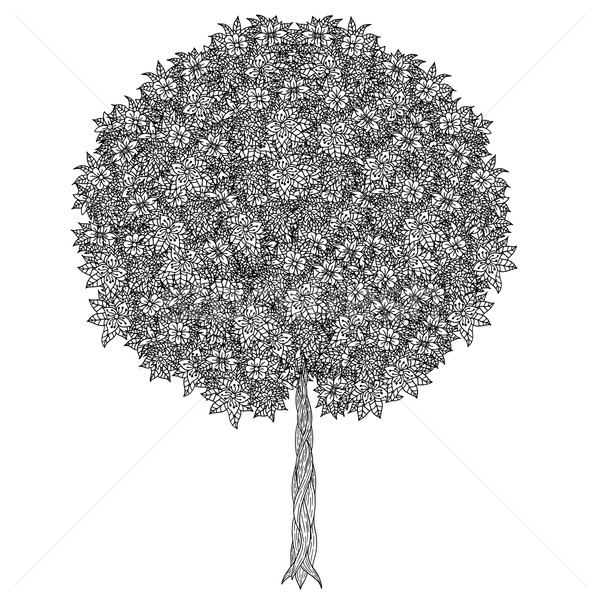 Foto stock: árbol · hojas · flores · vector · libro · para · colorear · página