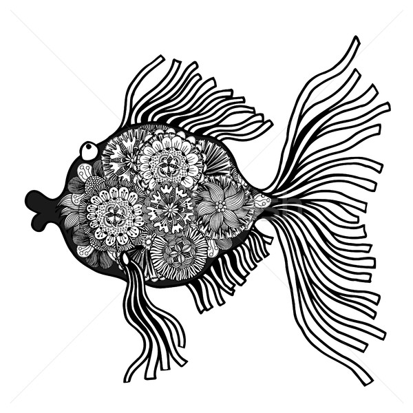 [[stock_photo]]: Dessinés · à · la · main · vecteur · poissons · floral · blanc · noir