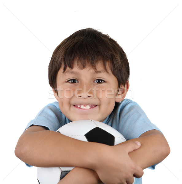 Stock fotó: Fiatal · vidám · fiú · futballabda · ölel · fehér