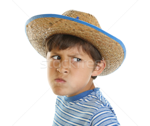 Foto d'archivio: Ragazzo · pazza · faccia · cappello · da · cowboy · indossare