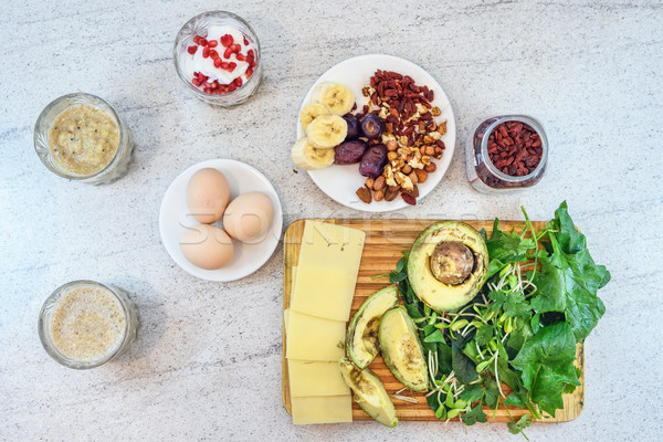 Stockfoto: Ontbijt · eieren · gezonde · banaan · smoothie · yoghurt