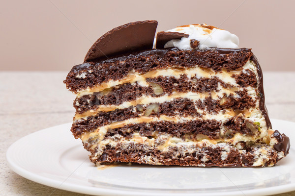 étcsokoládé torta szelet fehér krém diók Stock fotó © frimufilms