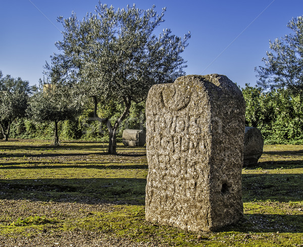 Vechi Roman piatra de mormant limbă ruine Imagine de stoc © fxegs