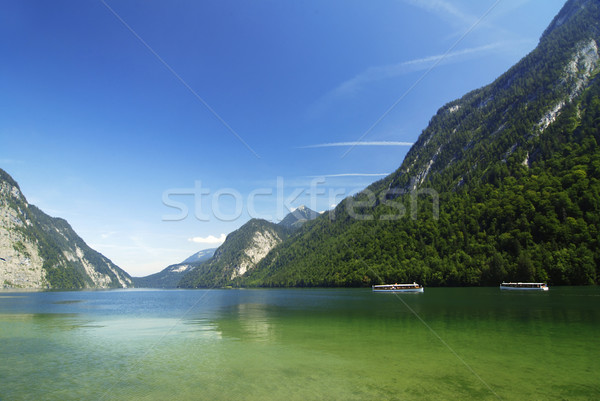 Foto d'archivio: Alpino · lago · bella · montagna · indietro · due