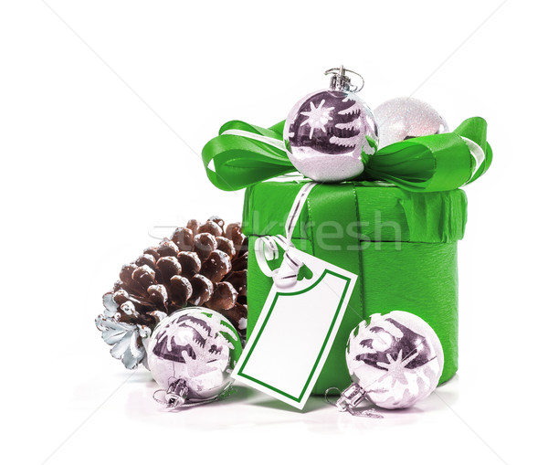 Gift with bow and Christmas balls. Isolate on white background Stock photo © g215