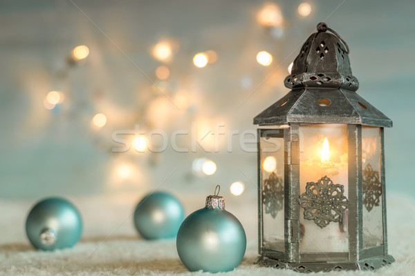Christmas background with lantern and balls. Stock photo © g215