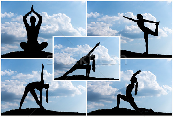 Yoga montaj pretty woman parc siluetă iarbă Imagine de stoc © gabor_galovtsik