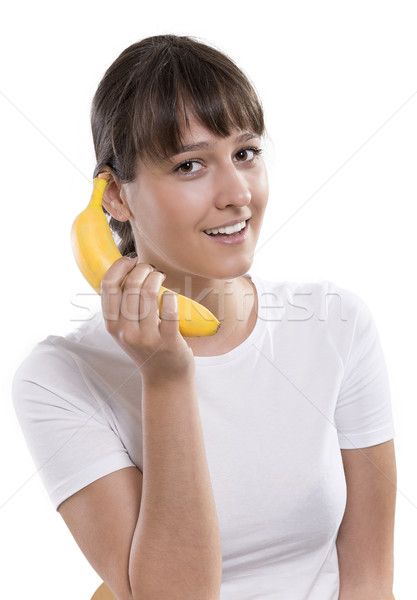 Foto stock: Banana · telefone · belo · caucasiano · mulher · alimentação