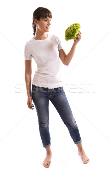 Stockfoto: Groene · salade · hand · geïsoleerd · mooie · kaukasisch