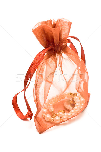 [[stock_photo]]: Rouge · cadeau · sac · perles · isolé · blanche