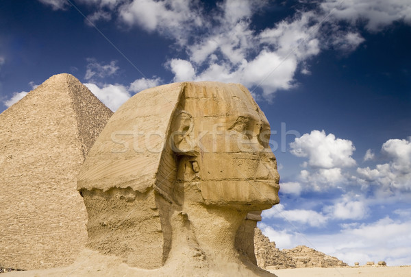 Egyptian Sphinx with pyramid Stock photo © Gbuglok