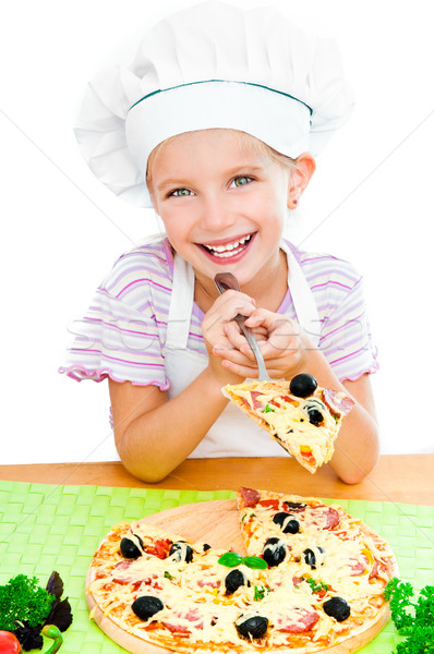 Stockfoto: Meisje · pizza · glimlachend · jong · meisje · witte · meisje