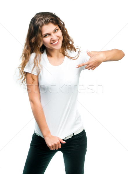 Foto stock: Bastante · nina · camiseta · jóvenes · hermosa · niña · posando