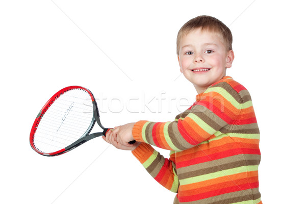 Amuzant copil racheta de tenis izolat alb faţă Imagine de stoc © Gelpi