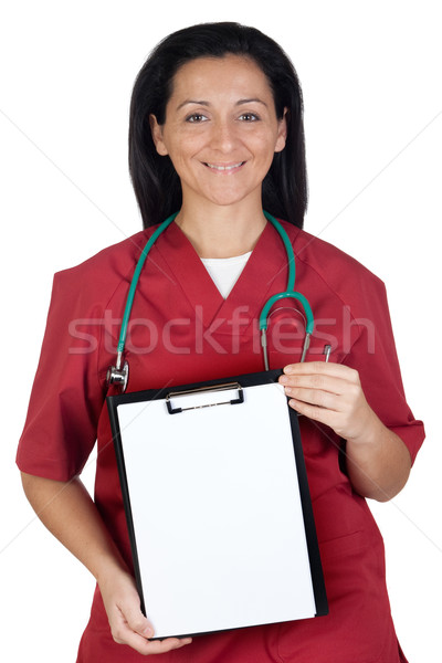 Fericit medic femeie clipboard izolat alb Imagine de stoc © Gelpi