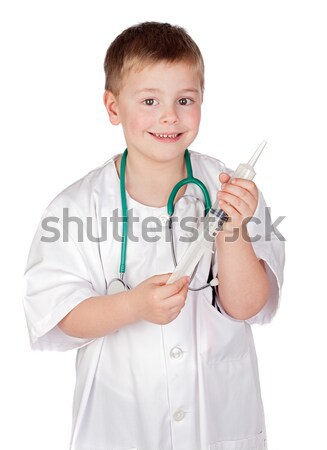 [[stock_photo]]: Adorable · enfant · médecin · uniforme · isolé · blanche