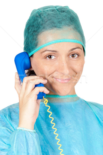 [[stock_photo]]: Dame · médecin · jeunes · parler · téléphone · blanche