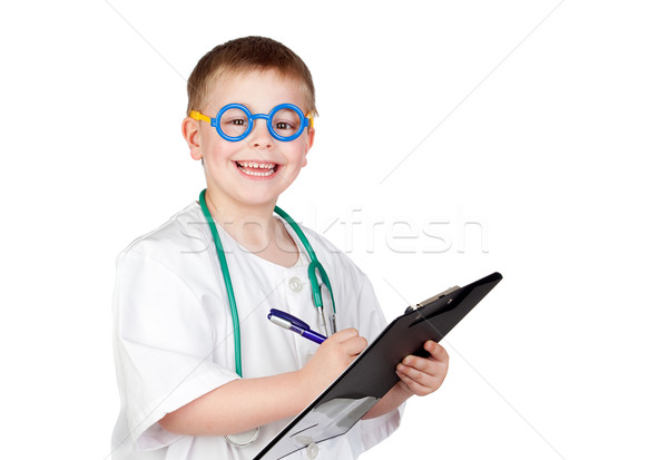 Amuzant copil medic uniforma izolat alb Imagine de stoc © Gelpi