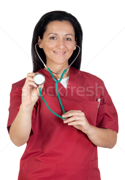 Fericit medic femeie ascultare stetoscop izolat Imagine de stoc © Gelpi