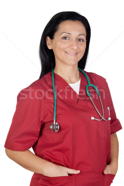 Fericit medic femeie îmbrăcăminte izolat alb Imagine de stoc © Gelpi