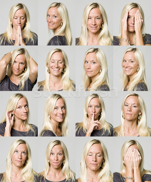 Zestien gezichtsuitdrukkingen vrouw glimlach vrouwen portret Stockfoto © gemenacom
