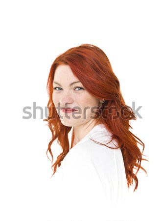 Stockfoto: Rood · vrouw · geïsoleerd · witte · gelukkig