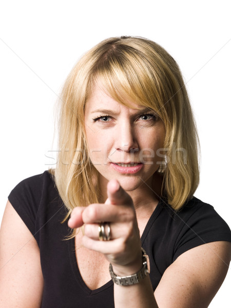 Portret femeie îndreptat deget albastru alb Imagine de stoc © gemenacom